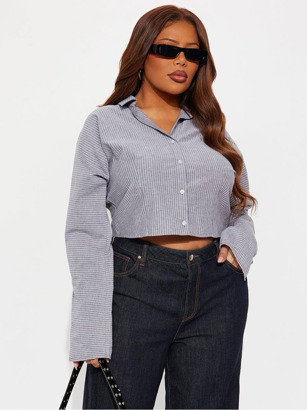 Fashion Nova Cropped Striped Button-Down Shirt - Light Gray & White